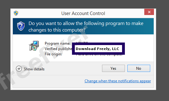 Screenshot where Download Freely, LLC appears as the verified publisher in the UAC dialog